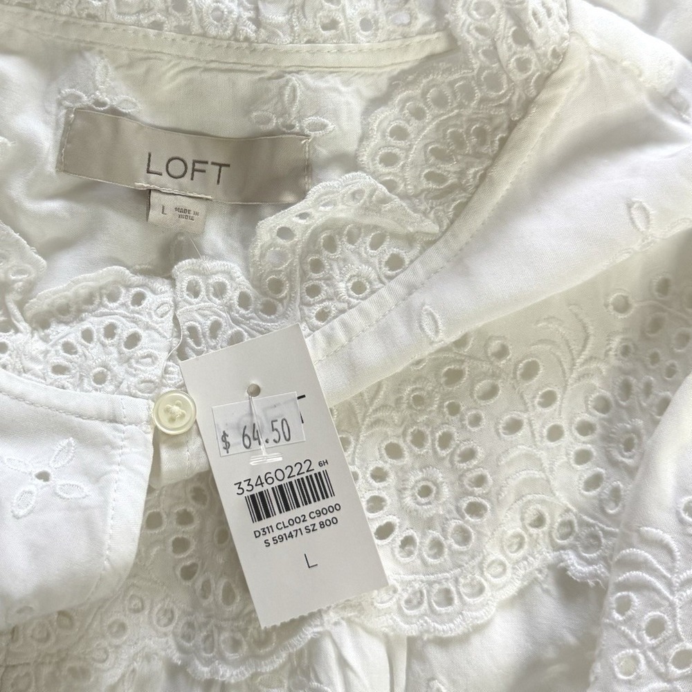 LOFT Women Large White Eyelet Embroidered Flutter Sleeve Tunic Top Boho L Summer - Picture 4 of 7